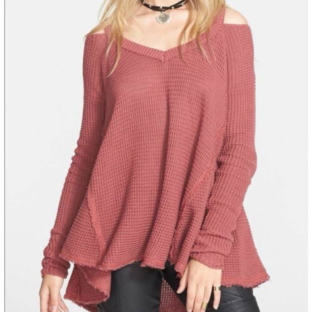 Free People moonshine dusty rose oversized knit off the shoulder raw hem Sweater